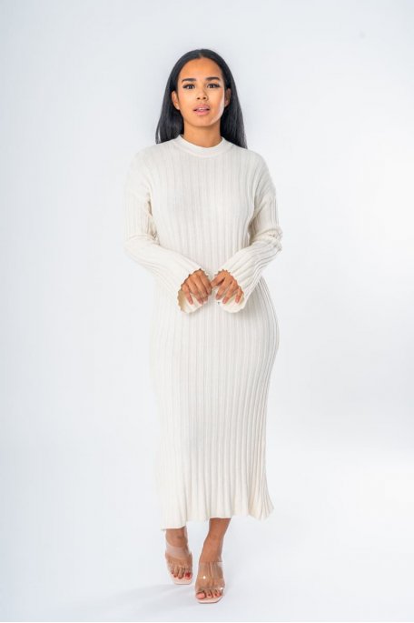 Beige long sweater dress with round neck and flared sleeves