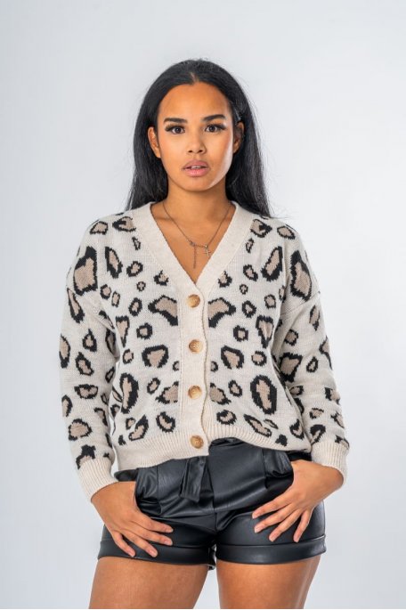 Beige leopard print oversized cardigan
