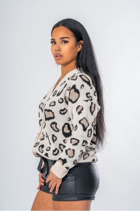 Cardigan oversize motif léopard beige - vue profil