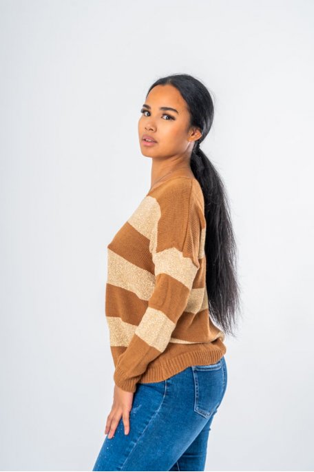 Pull col V en maille doré coloris marron - vue profil