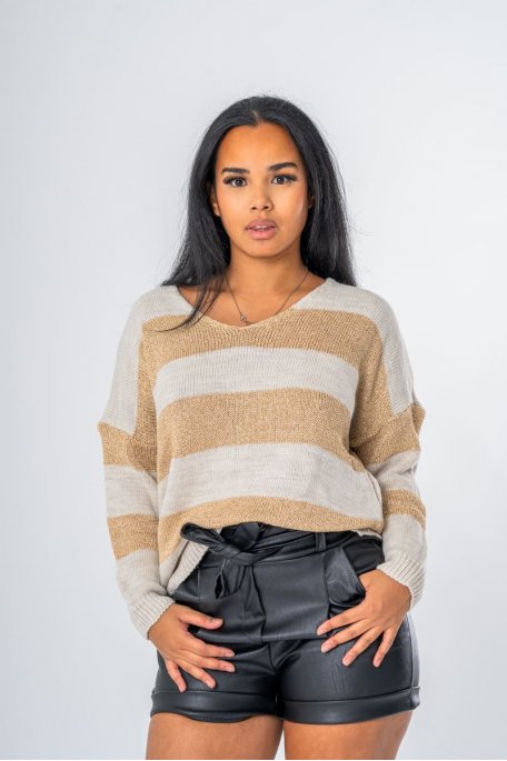 Pullover mit V-Ausschnitt aus goldfarbenem Strick Beige