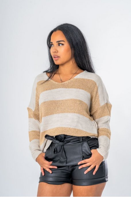 Pull col V en maille doré coloris beige - vue détails