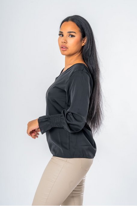Top dos nu motif dentelle noir manches longues - vue profil