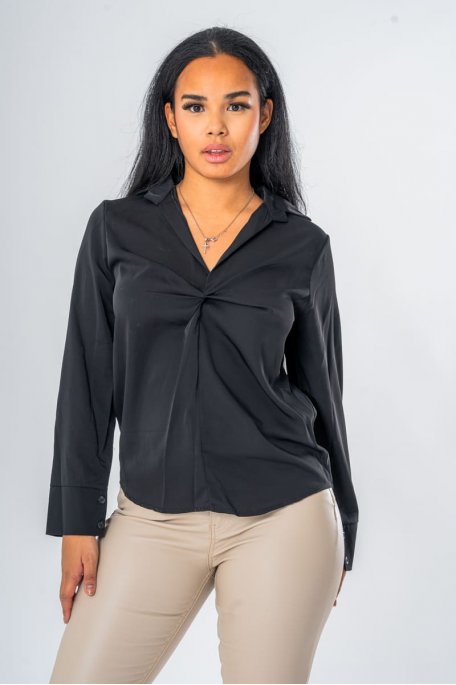 Top dos nu motif dentelle noir manches longues - vue face