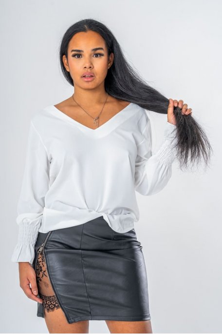 Top dos nu motif dentelle noir manches longues - vue face