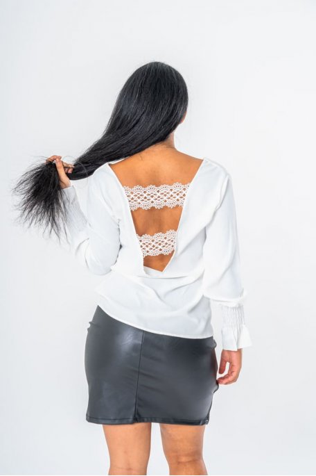 Top dos nu motif dentelle blancmanches longues - vue dos