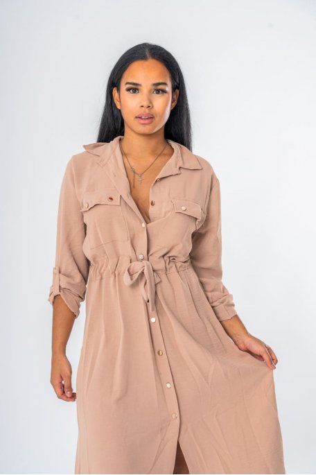 Robe longue chemise saharienne ceinturée coloris beige - vue face zoom