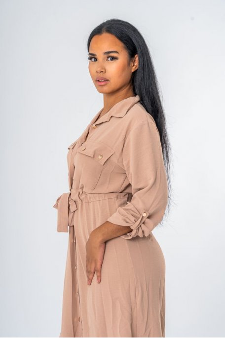 Robe longue chemise saharienne ceinturée coloris beige - vue côté