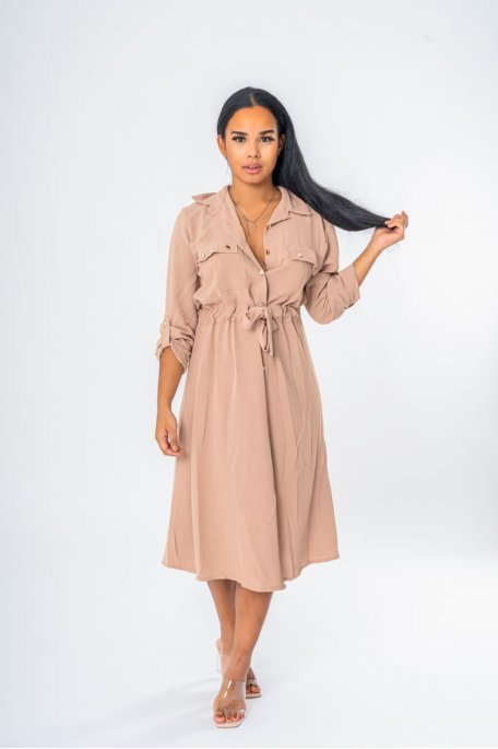 Beige belted saharienne shirt long dress