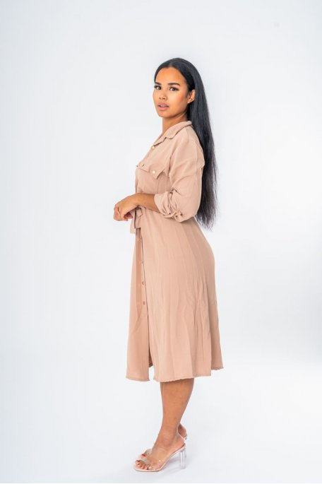 Robe longue chemise saharienne ceinturée coloris beige - vue profil