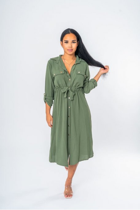 Khaki belted shirt long dress