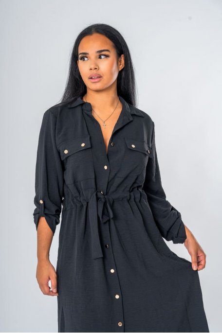 Long black belted safari shirt dress