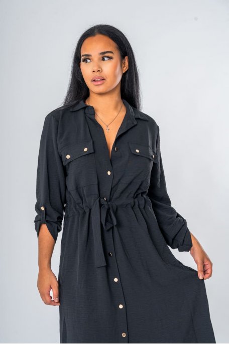 Robe longue chemise saharienne ceinturée coloris noir - vue face zoom