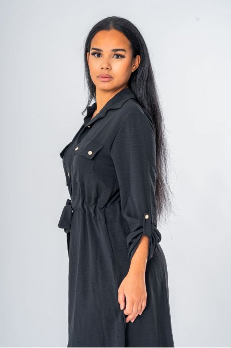 Robe longue chemise saharienne ceinturée coloris noir - vue profil zoom