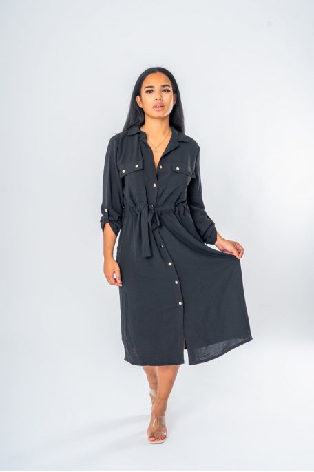 Robe longue chemise saharienne ceinturée coloris noir - vue face full
