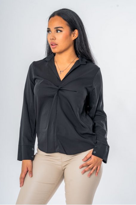 Top fluide col chemise torsadé noir manches longues - vue détails