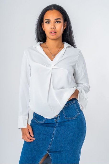 Top fluide col chemise torsadé blanc manches longues - vue face