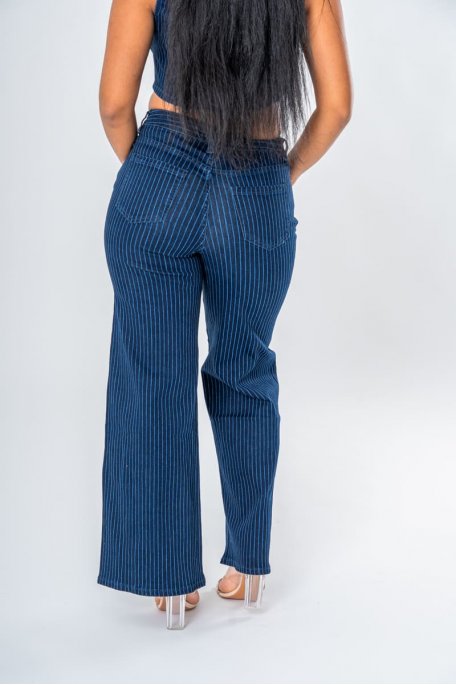 Pantalon taille haute évasé imprimé rayé coloris bleu - vue dos