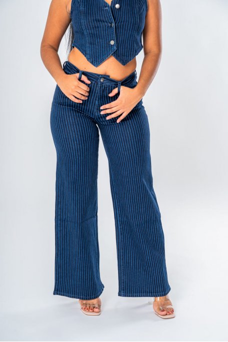 Pantalon taille haute évasé imprimé rayé coloris bleu - vue pantalon face