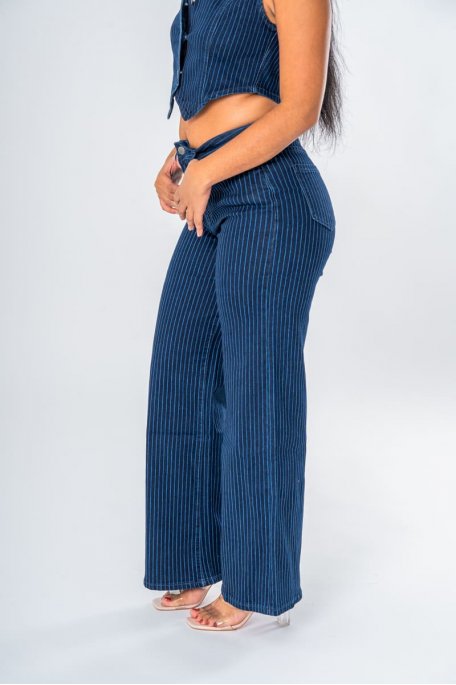 Pantalon taille haute évasé imprimé rayé coloris bleu - vue pantalon côté