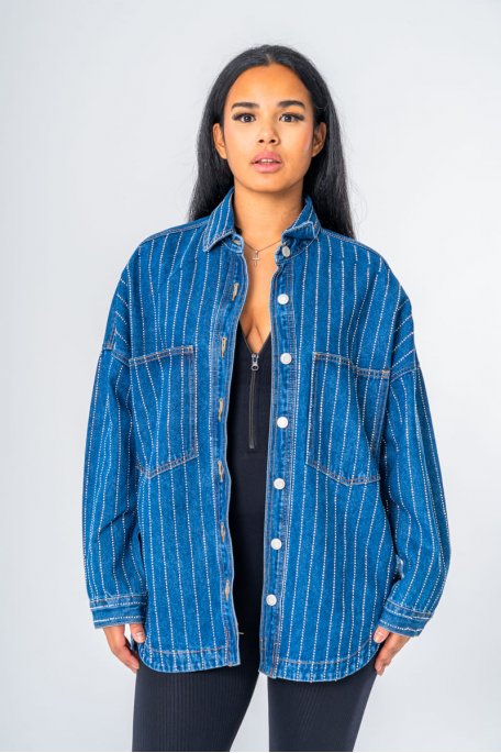 Blue rhinestone denim long jacket