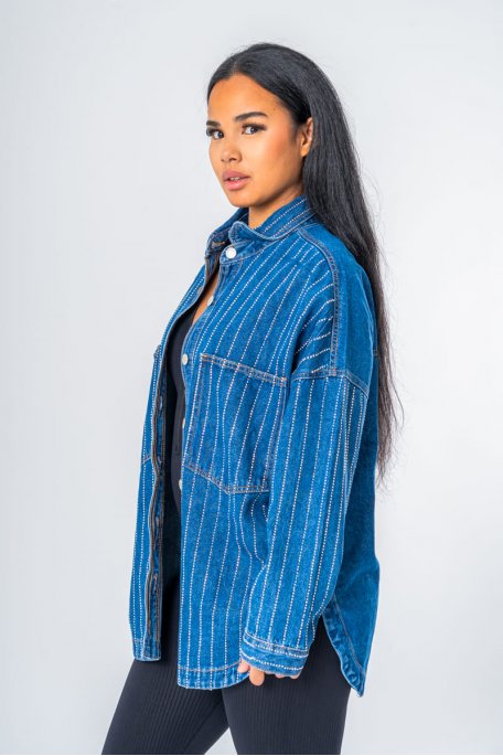 Veste longue en jean strass bleu - vue profil