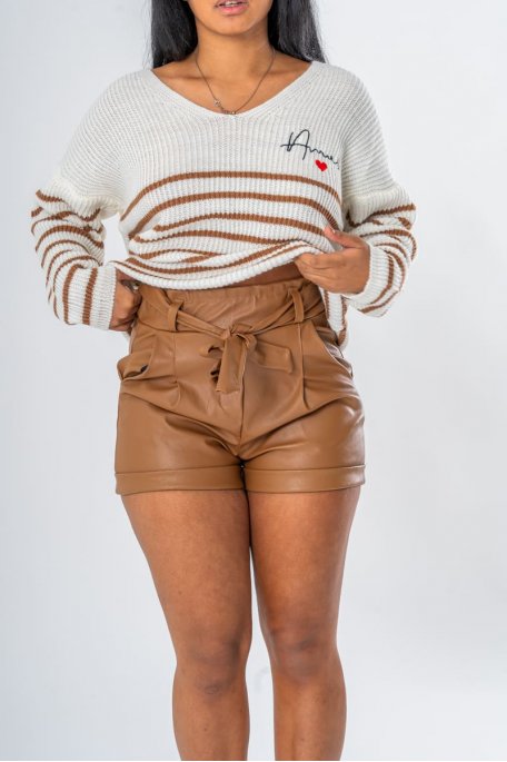 Short simili cuir ceinture coloris marron - vue zoom produit