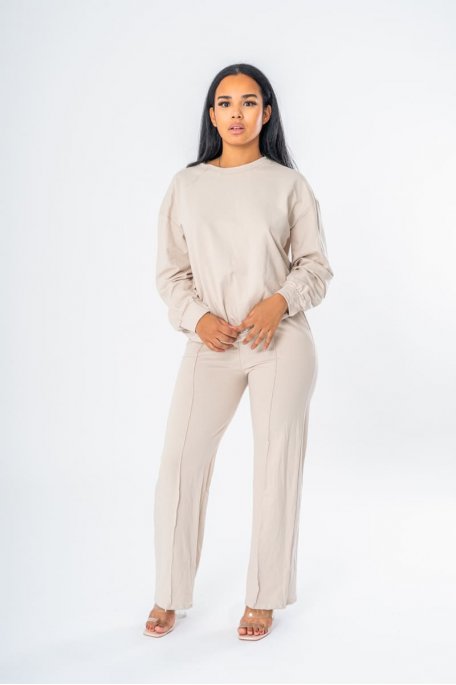 Beige sweatshirt and wide-leg pants set