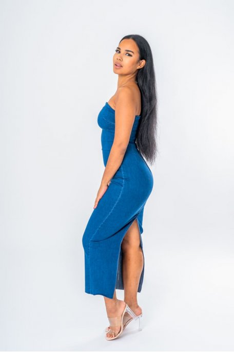 Robe bustier longue en jean bleu - vue côté full