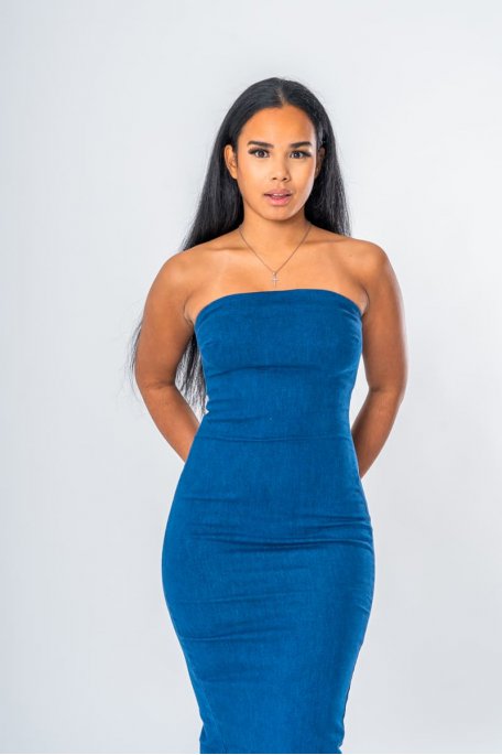 Robe bustier longue en jean bleu - vue zoom face