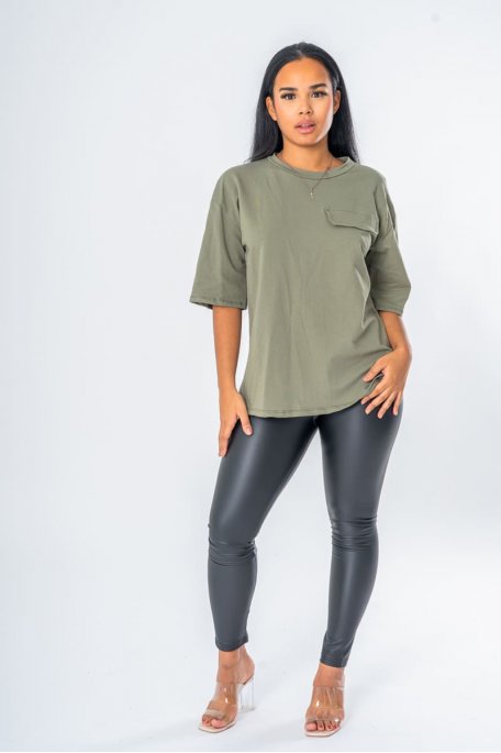 Tee-shirt classique kaki poche décorative - vue full