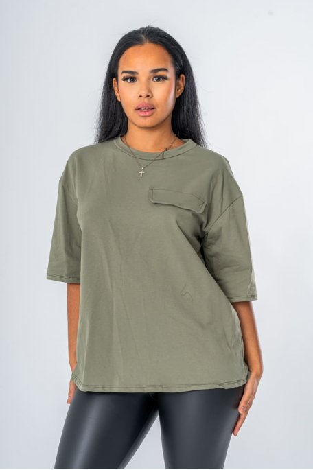 Tee-shirt classique kaki poche décorative - vue face
