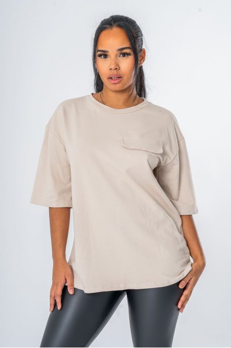 Tee-shirt classique beige poche décorative - vue face