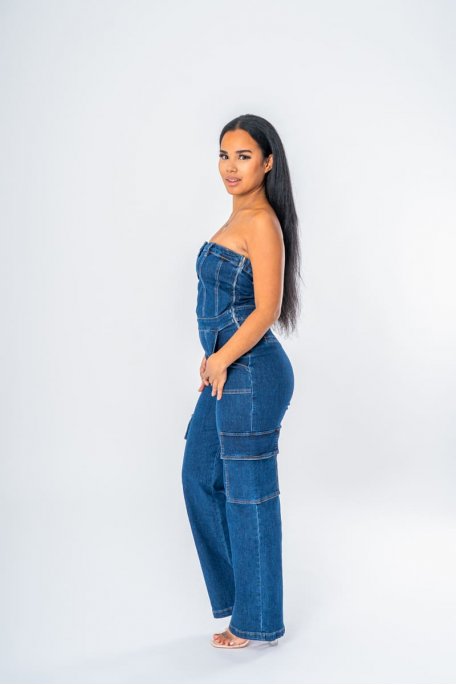 Combinaison bustier en jean cargo bleu - vue full côté