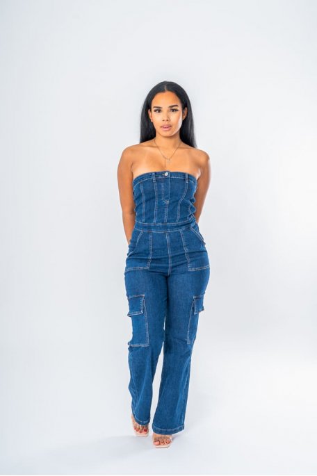 Combinaison bustier en jean cargo bleu - vue devant