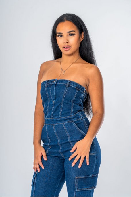 Combinaison bustier en jean cargo bleu - vue zoom détails