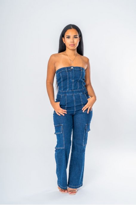 Combinaison bustier en jean cargo bleu - vue full