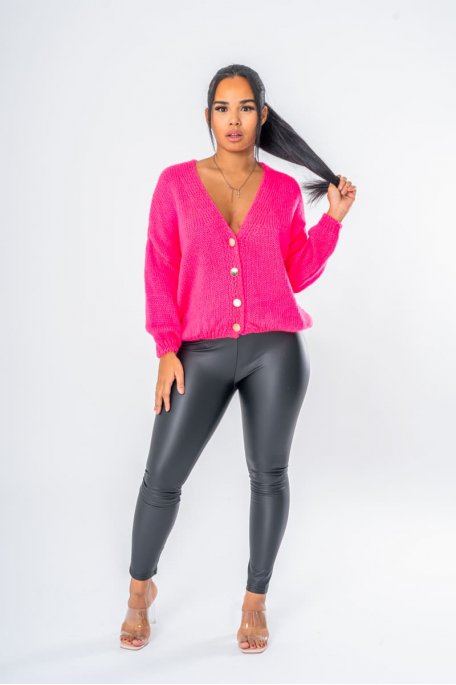 Pink bat-sleeved cardigan with gold buttons