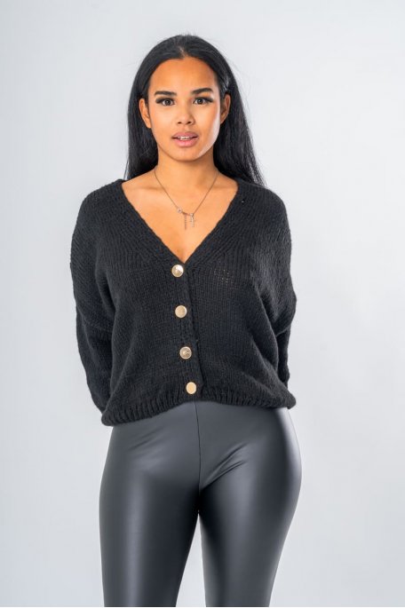 Gilet boutons dorés manches chauve-souris coloris noir - vue détails