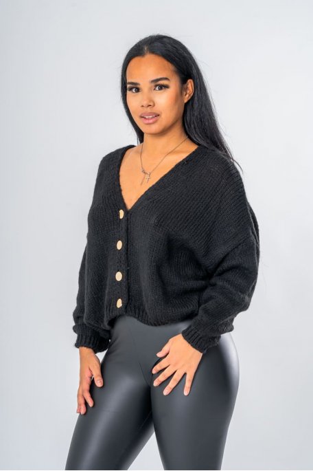 Black bat-sleeved gilet with gold buttons