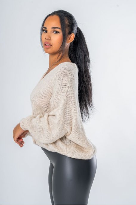 Gilet boutons dorés manches chauve-souris coloris beige - vue côté