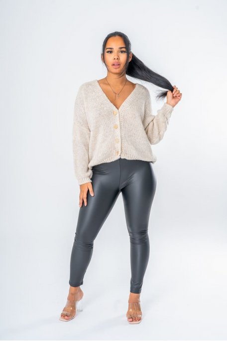 Beige bat-sleeved cardigan with gold buttons