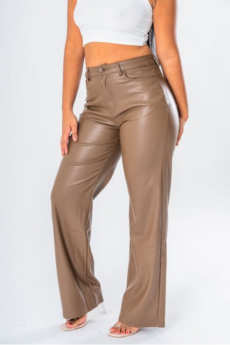 Pantalon coupe droite simili marron - vue zoom détails