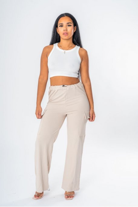 Jogging cargo droit à poches latérales beige - Vue full look
