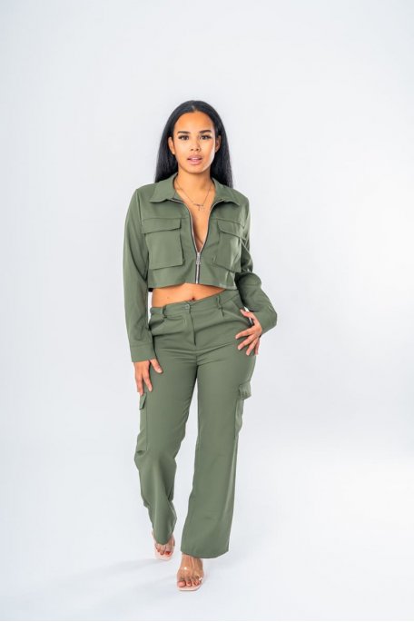 Ensemble veste courte et pantalon cargo kaki - vue face