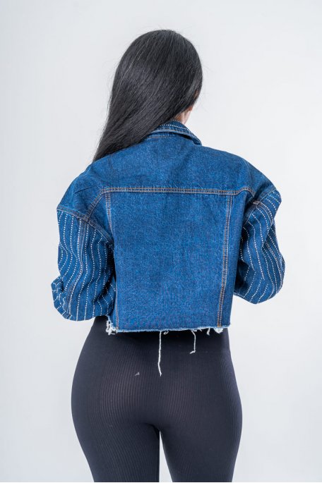 Veste courte effiloché en jean strass bleu - vue dos