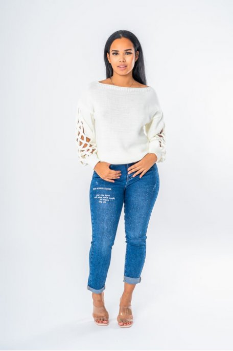 Pull en maille manches tressée ajourée blanc - vue face full
