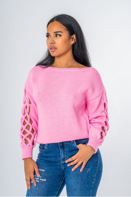 Pull en maille manches tressée ajourée rose - vue détails