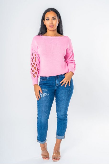 Pull en maille manches tressée ajourée rose - vue full
