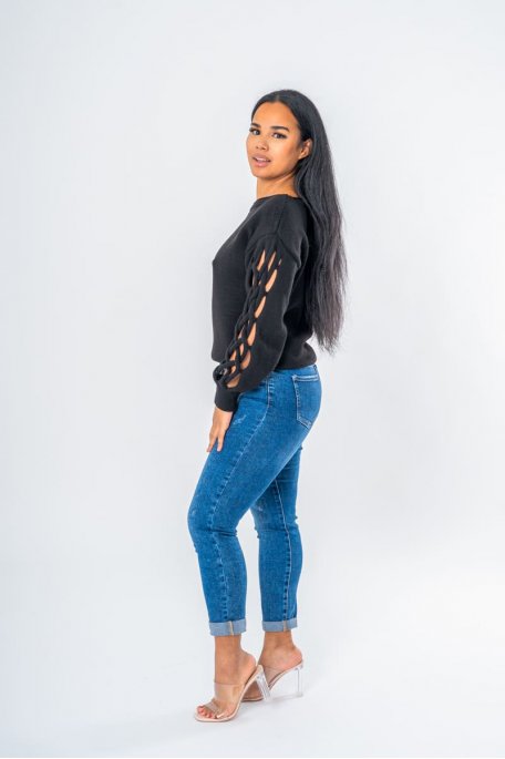 Pull en maille manches tressée ajourée noir - vue full côté